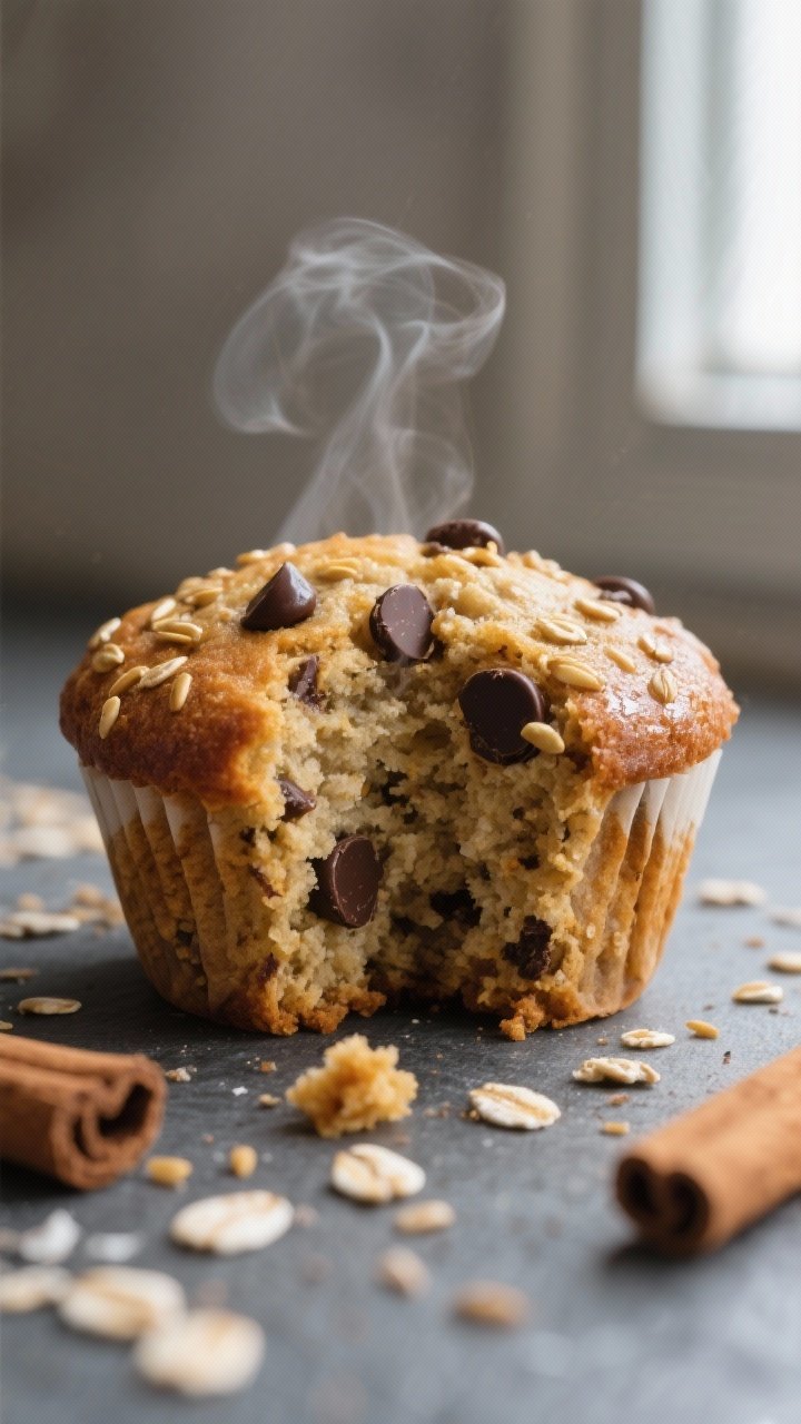 Close-up detail: A just-baked Banana Flaxseed Energy Muffin torn open to reveal a moist, tender crum