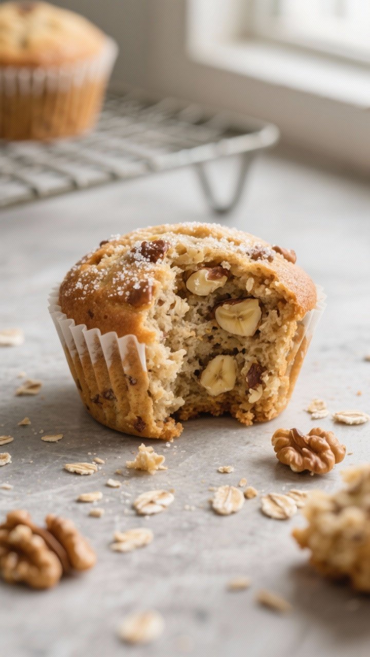 Close-up detail: A just-baked Banana Walnut Fiber Muffin torn open to reveal a moist, tender crumb w