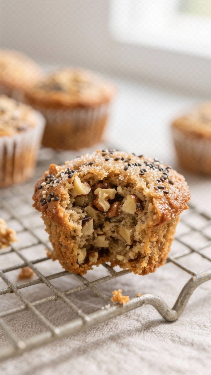 Close-up detail: A just-baked Chia-Banana Crunch Muffin torn open on a wire rack, showing a tender,