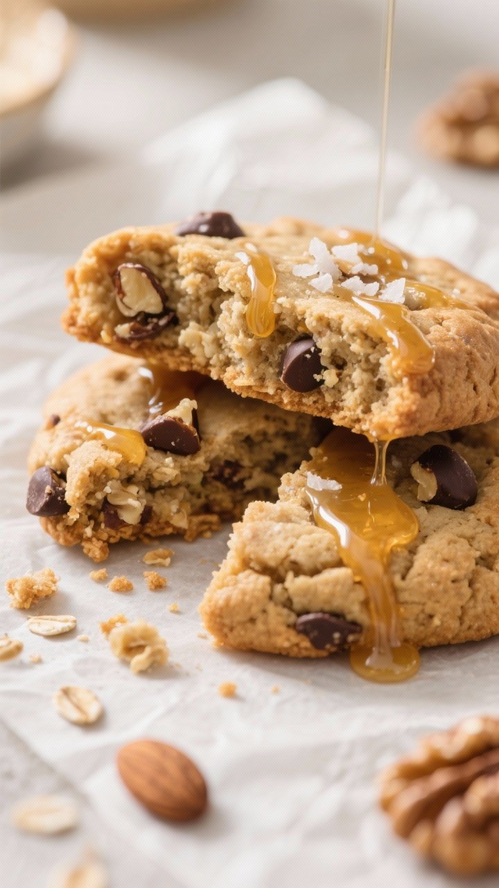Close-up detail: A just-baked Honey Walnut Breakfast Cookie broken in half to reveal its chewy oat-a