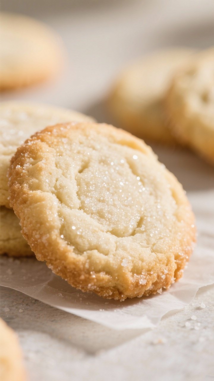 Close-up detail: A just-baked old-fashioned sugar cookie resting on parchment, edges lightly golden 