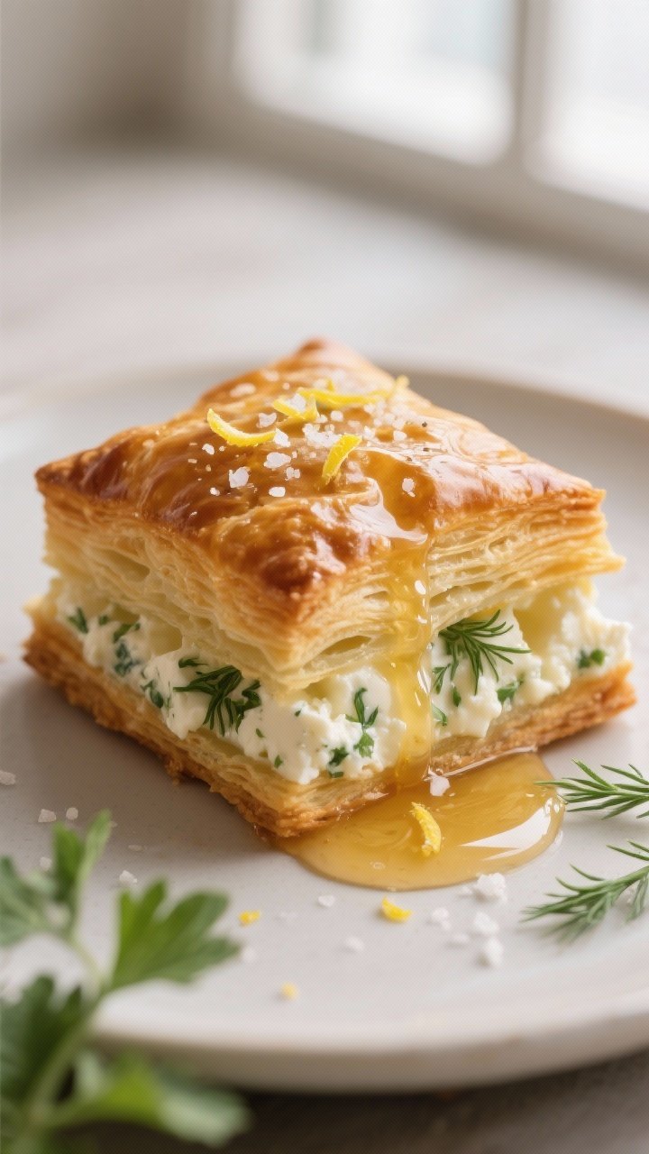 Close-up detail: A just-baked puff pastry square with golden, deeply crisp layers and a lightly bron