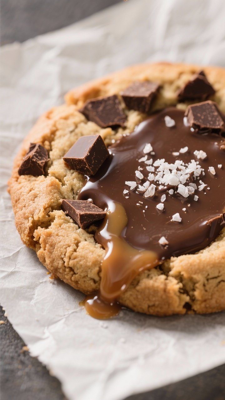 Close-up detail: A just-baked salted caramel chocolate chunk cookie cooling on parchment, edges cris