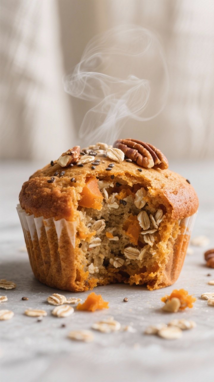 Close-up detail: A just-baked Sweet Potato Oatmeal Muffin torn open to reveal its tender, moist crum
