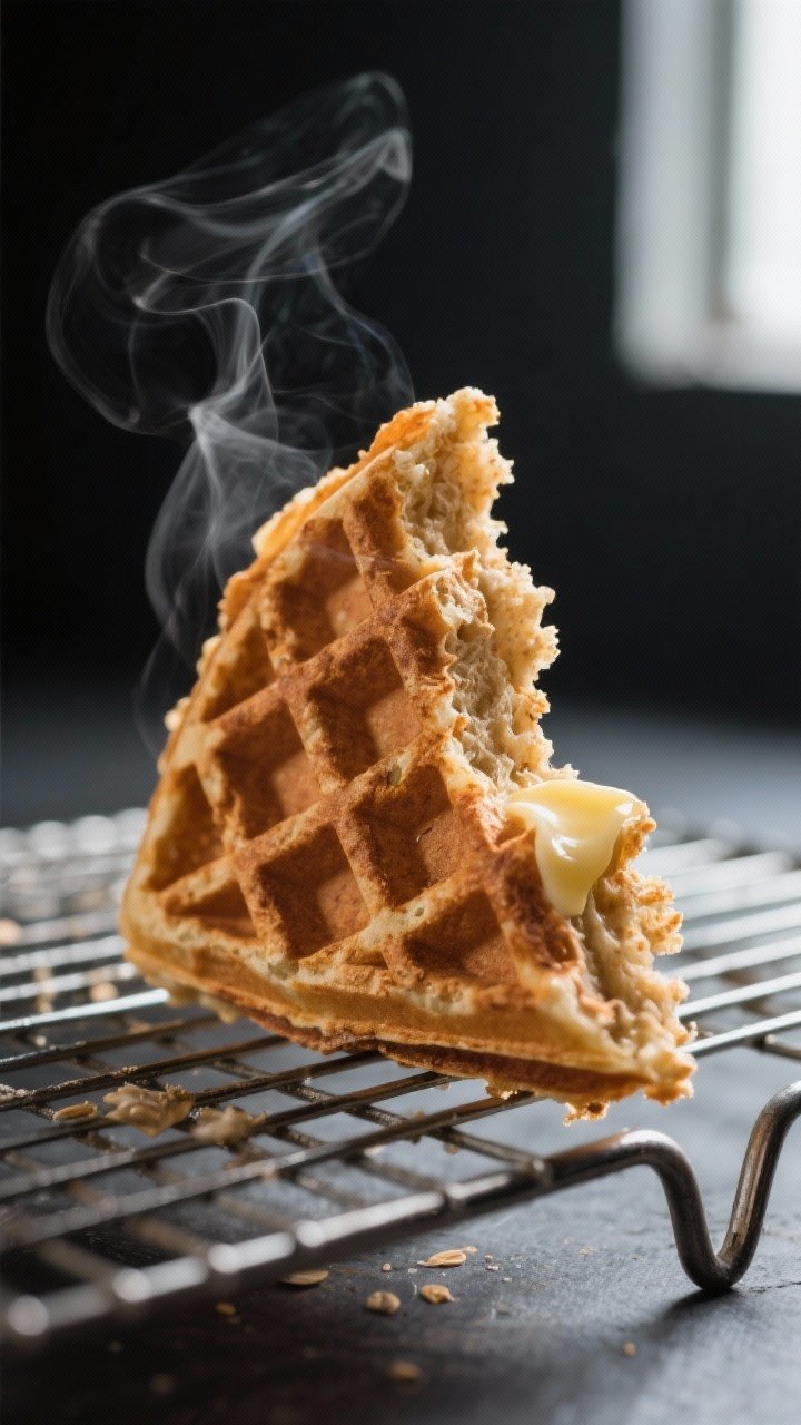 Close-up detail: A just-cooked oat bran waffle segment propped on a wire rack, steam faintly visible