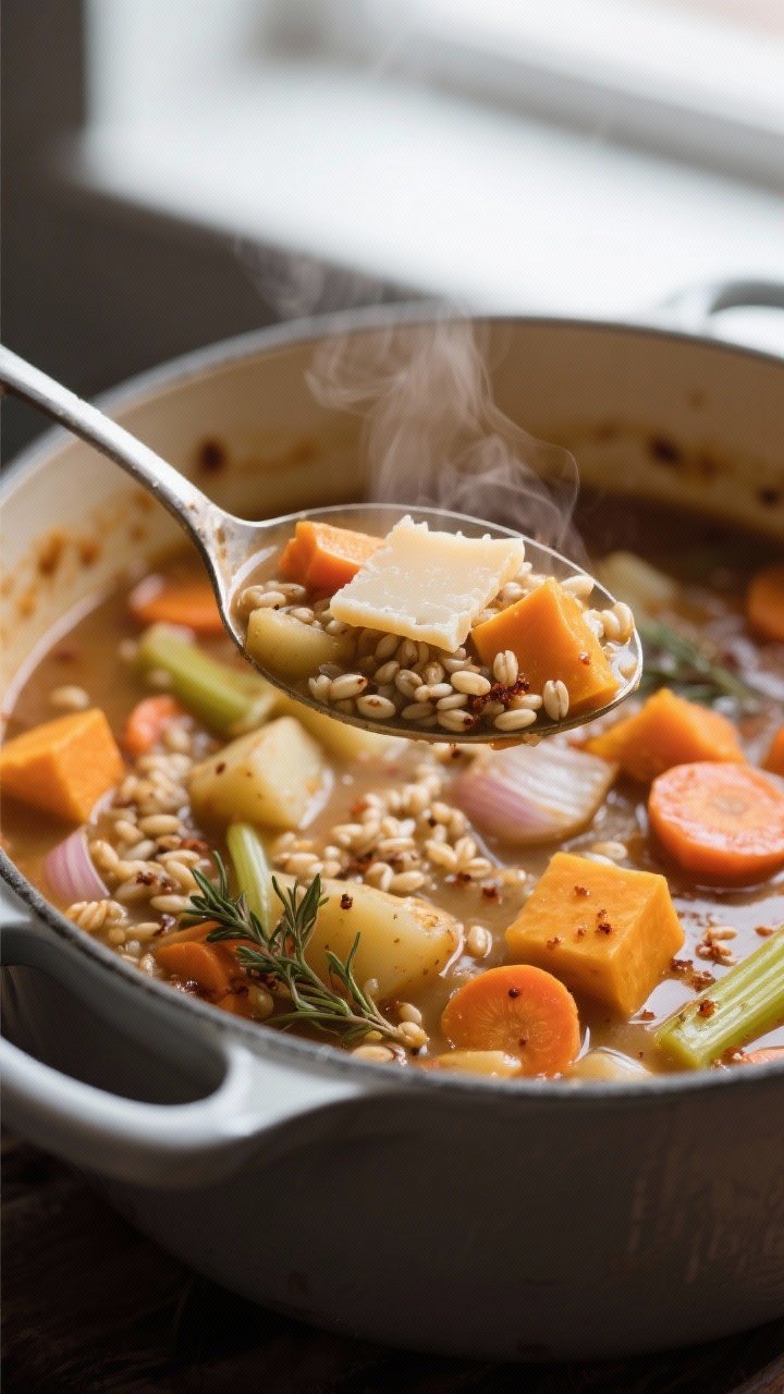 Close-up detail: A ladle lifting thick winter vegetable barley stew from a Dutch oven mid-simmer, sh