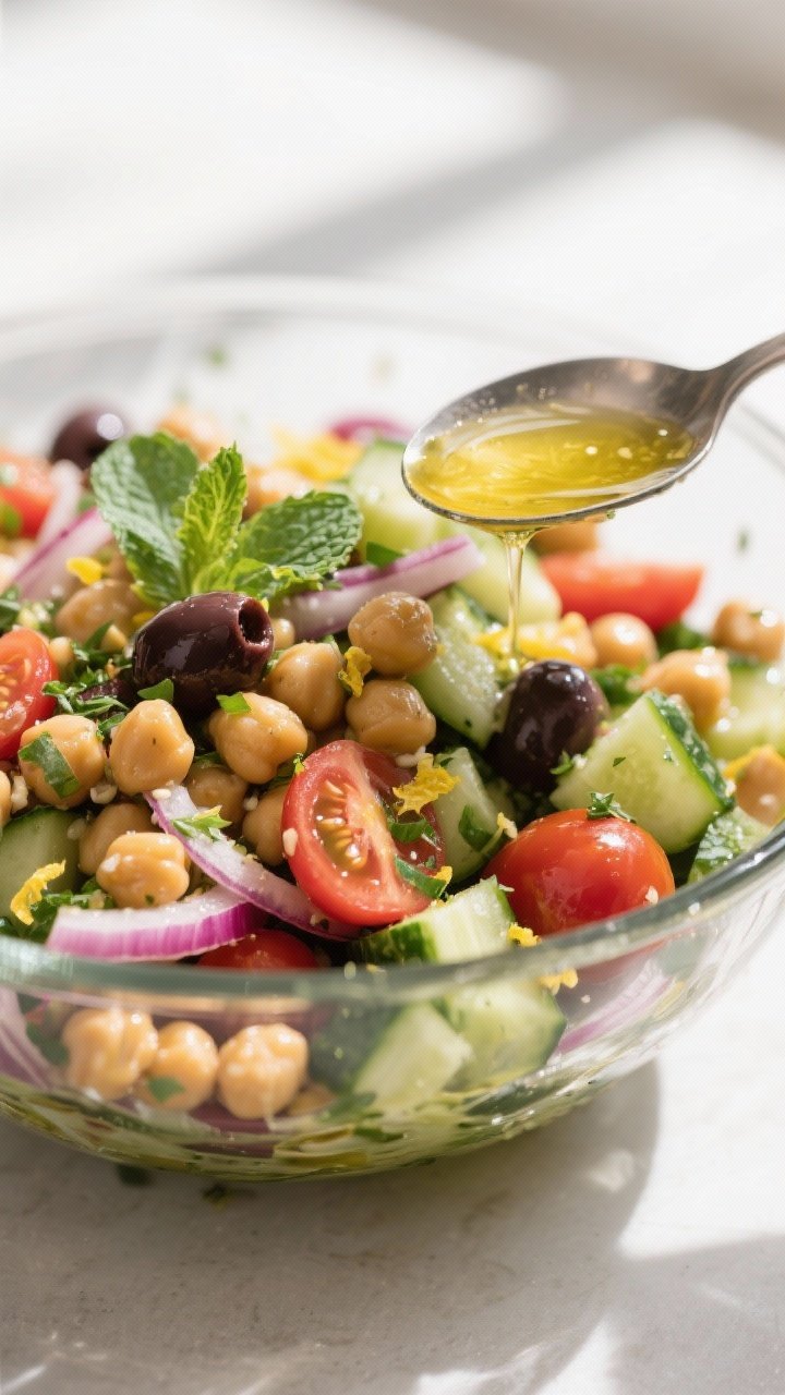 Close-up detail: A prepared Mediterranean chickpea and cucumber bowl mid-toss in a wide glass mixing