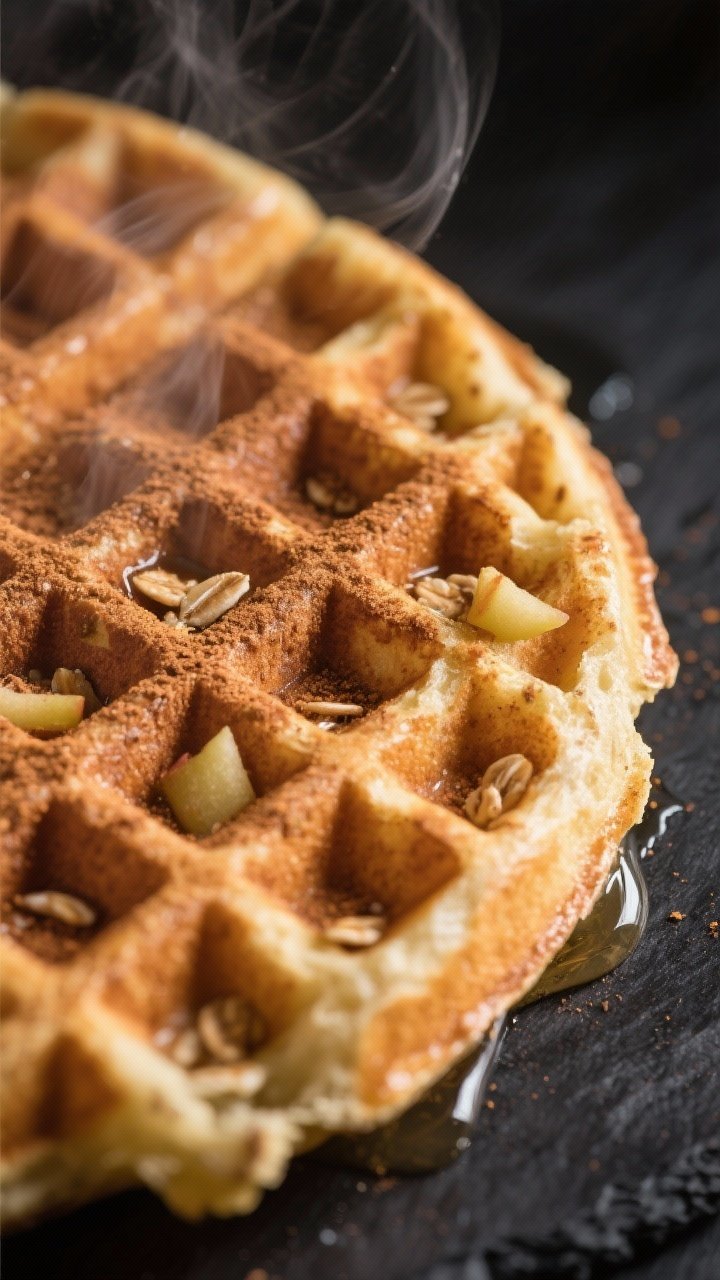 Close-up detail: A single apple-cinnamon oat waffle fresh off the iron, shot at a 45-degree angle to
