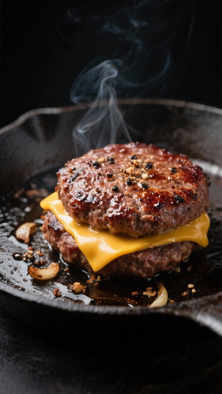 Close-up detail: A sizzling beef burger patty mid-cook in a cast-iron skillet, post-flip, with a dee