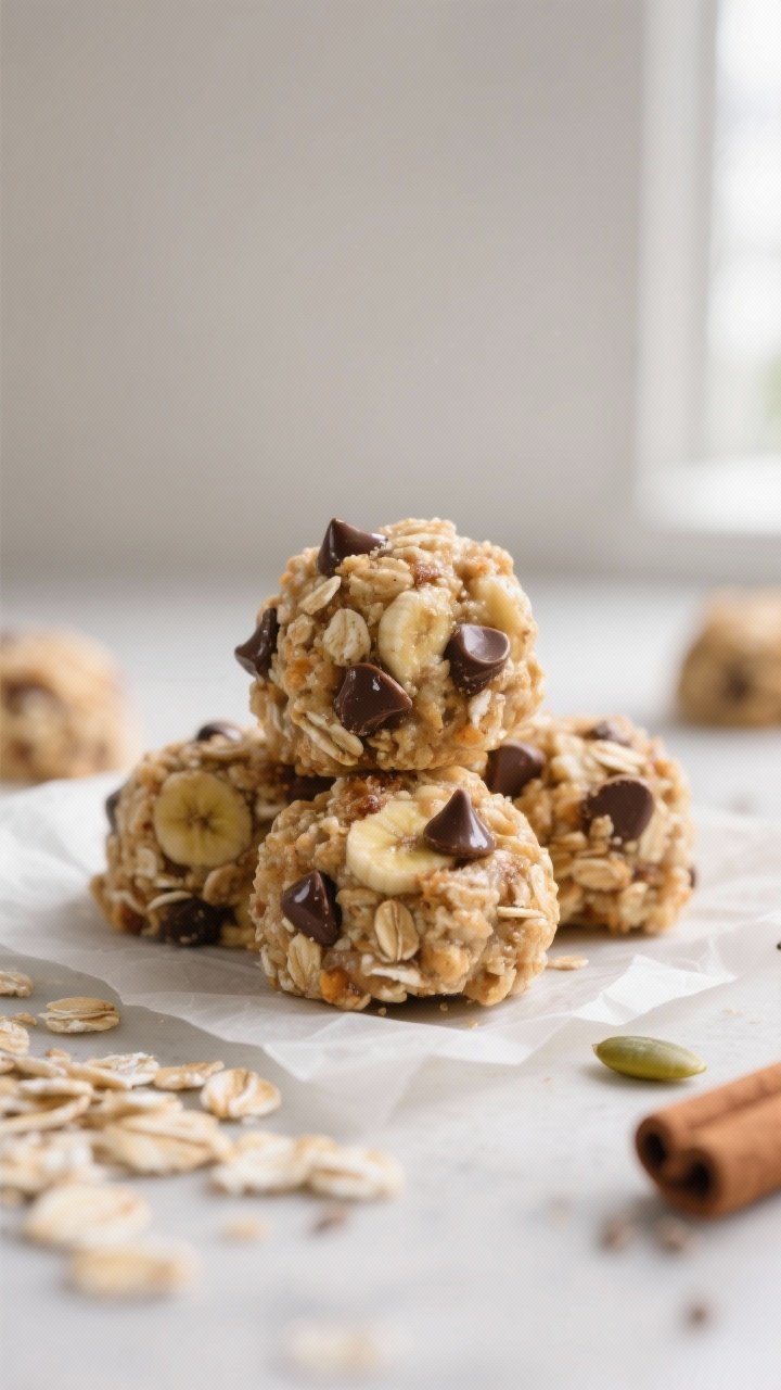 Close-up detail: A small mound of chilled Banana Oat Snack Clusters on parchment, showing glossy min