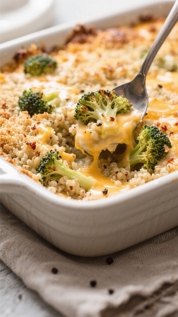 Close-up detail: A spoon breaking into the bubbling Cheesy Quinoa Broccoli Bake just out of the oven