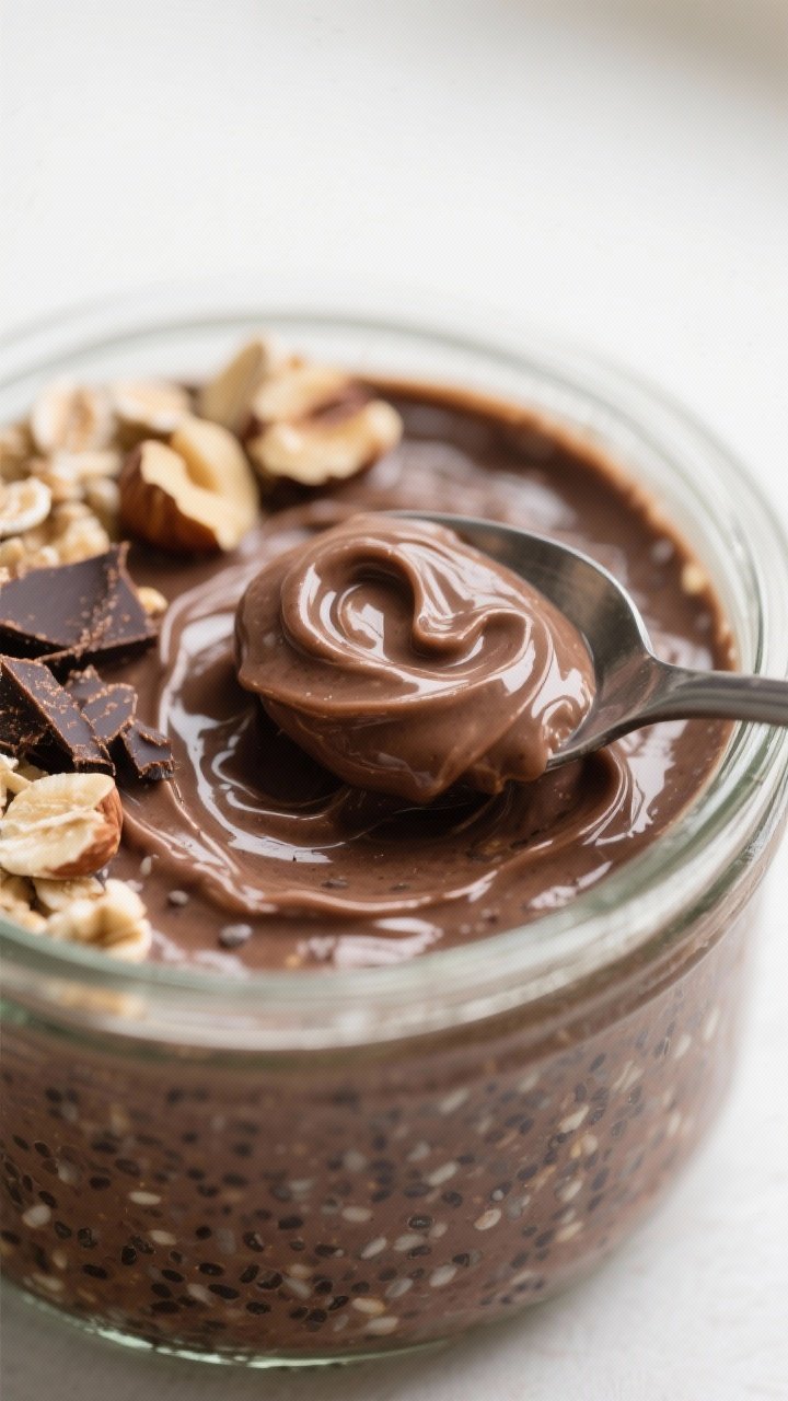 Close-up detail: A spoon gliding through chocolate hazelnut overnight oats in a clear jar, showing t