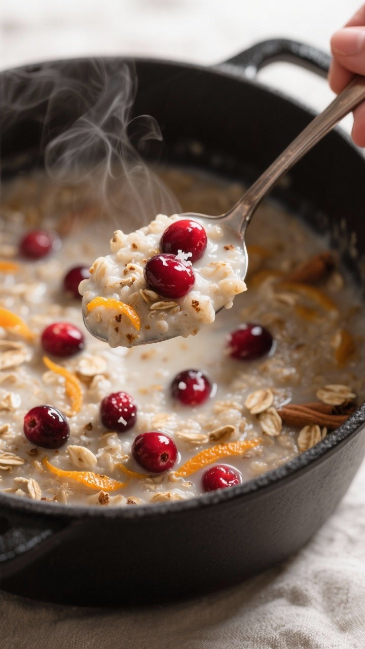 Close-up detail: A spoon lifting creamy cranberry orange oatmeal from a saucepan at a gentle simmer,
