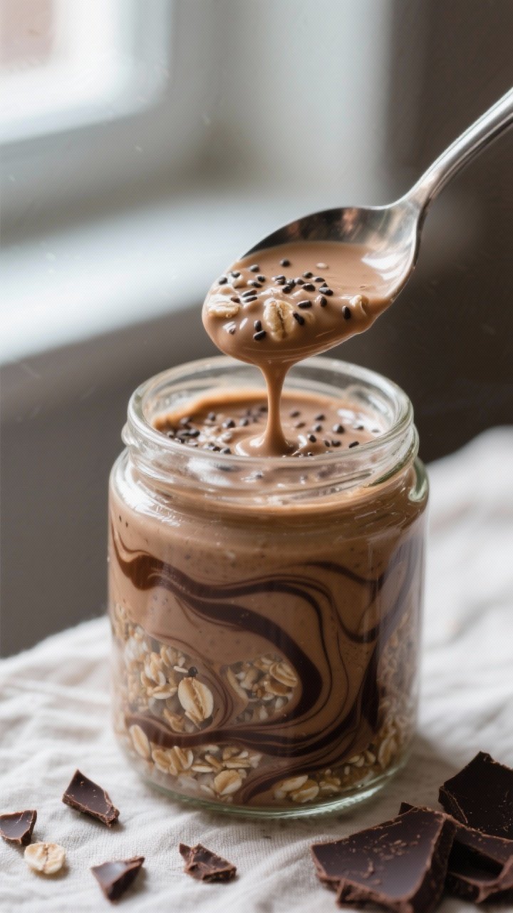 Close-up detail: A spoon lifting creamy mocha latte overnight oats from a glass jar, showcasing thic