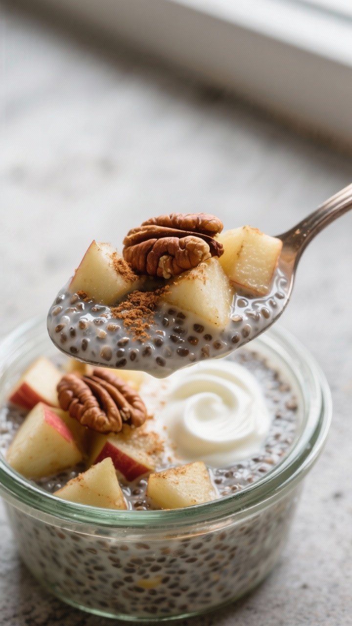 Close-up detail: A spoonful of apple-cinnamon chia seed pudding lifted from a glass jar, showing glo