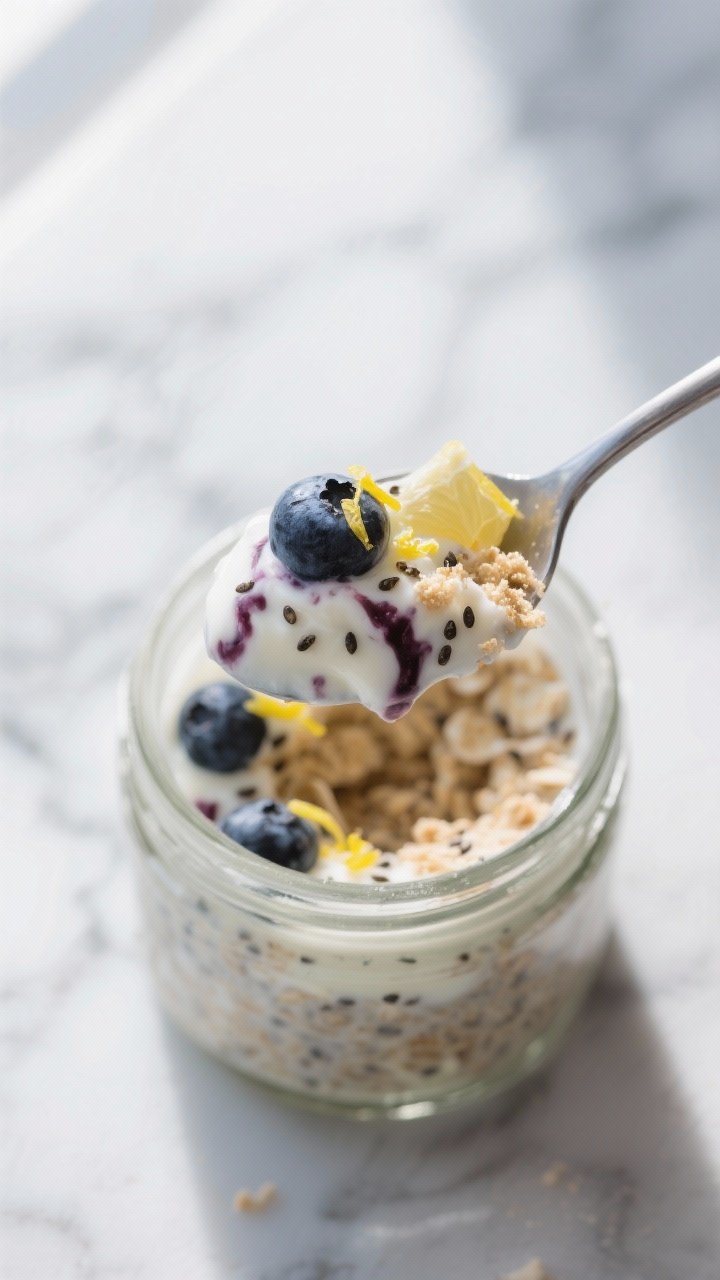 Close-up detail: A spoonful of blueberry lemon cheesecake overnight oats lifted from a glass jar, sh