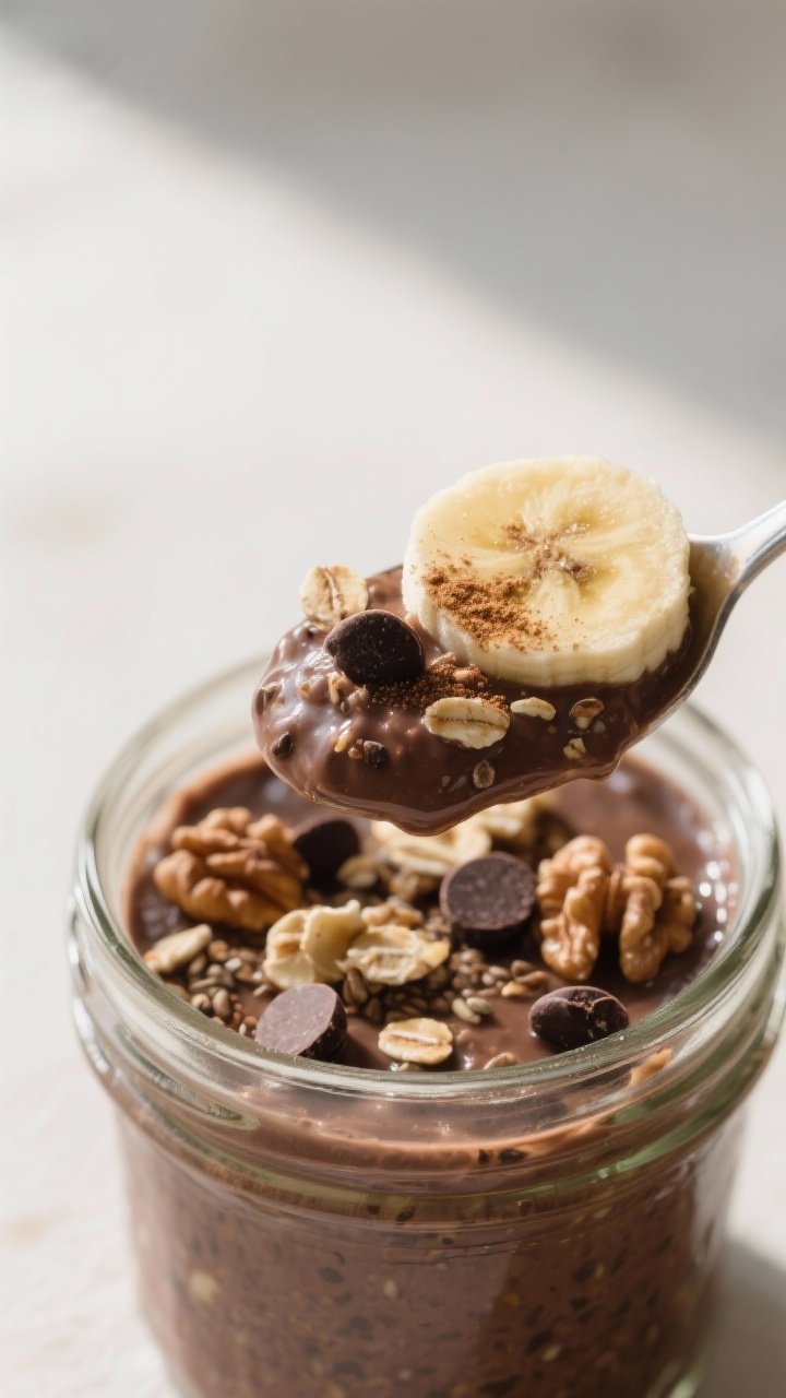 Close-up detail: A spoonful of chocolate banana bread overnight oats lifted from a glass jar, showin