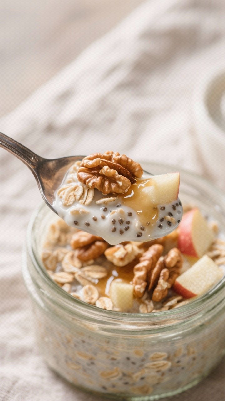 Close-up detail: A spoonful of creamy apple pie overnight oats lifted from a glass jar, showing plum
