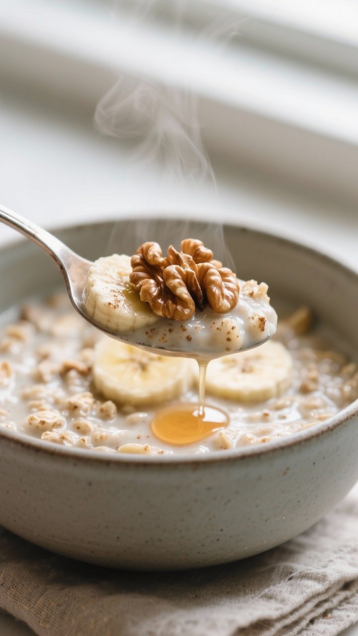 Close-up detail: A spoonful of creamy banana walnut bran oatmeal lifted from a matte ceramic bowl, s