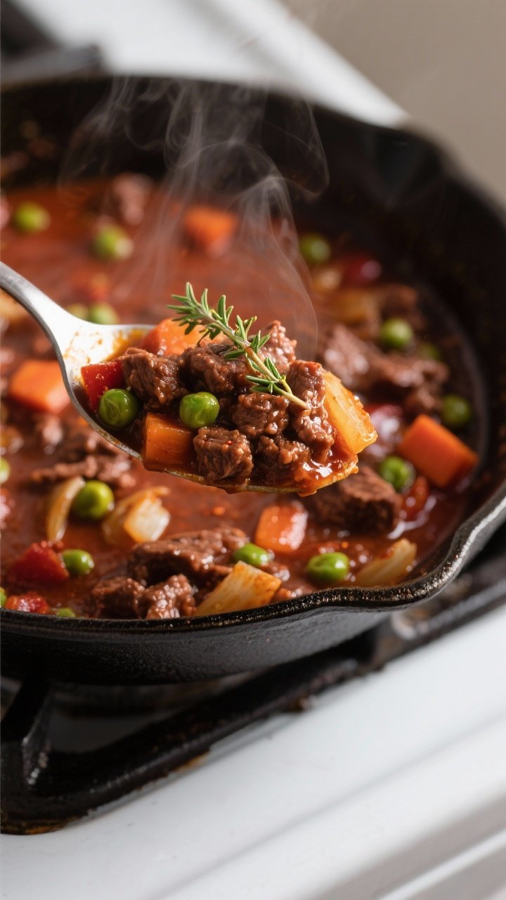 Close-up detail: A spoonful of the cooked beef filling just before assembly—glossy, stewy-not-soup