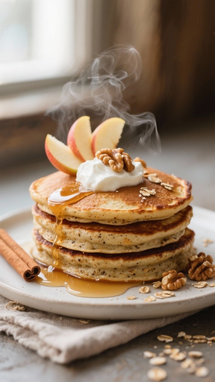 Close-up detail: A stack of Apple Cinnamon Bran Pancakes just off the griddle, golden-brown with cri