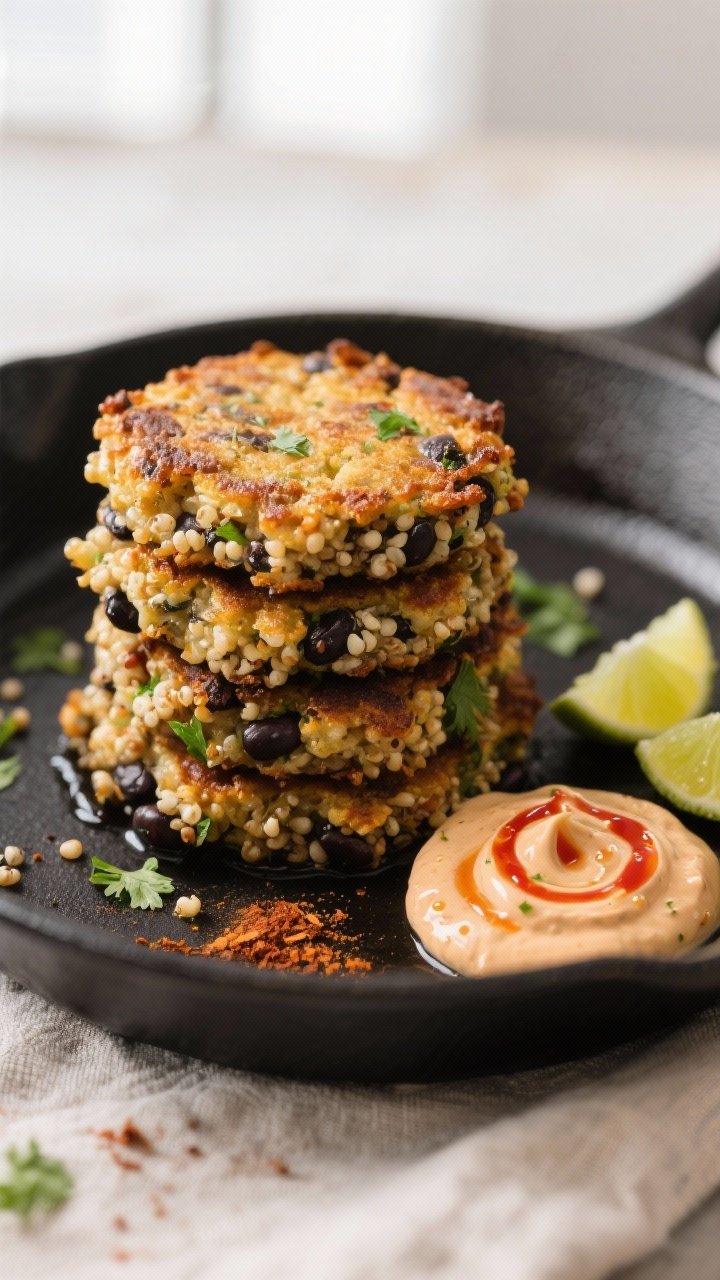 Close-up detail: A stack of crispy black bean and quinoa cakes just out of the skillet, showing deep
