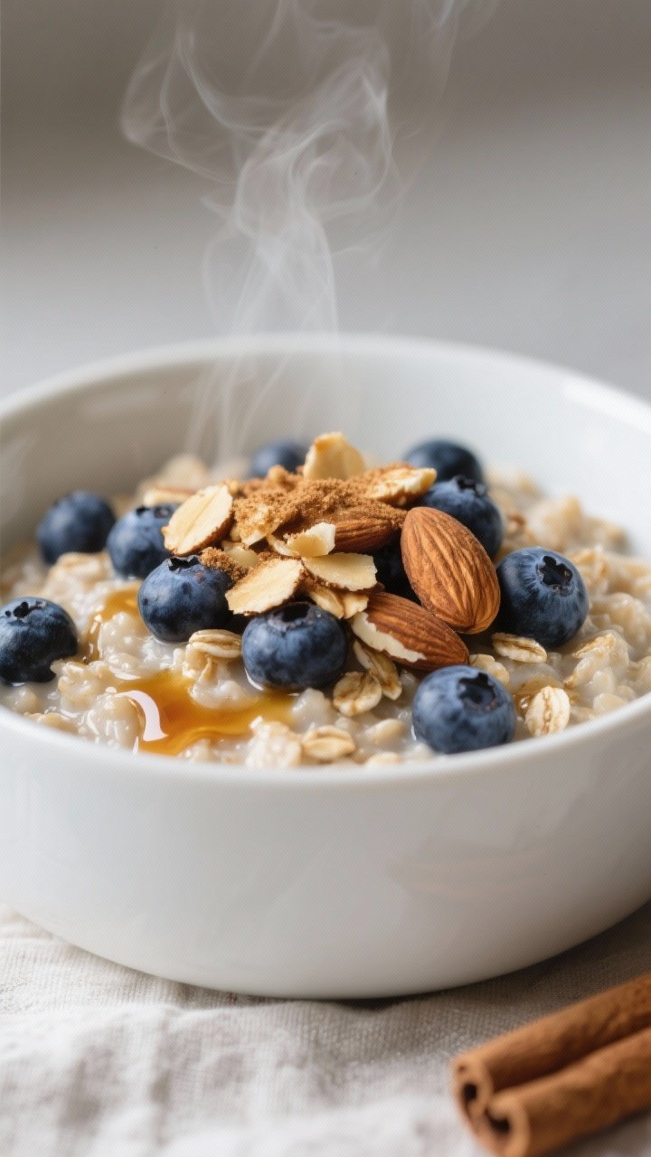 Close-up detail: A steaming bowl of Blueberry Almond Crunch High-Fiber Oatmeal with burst, inky-blue