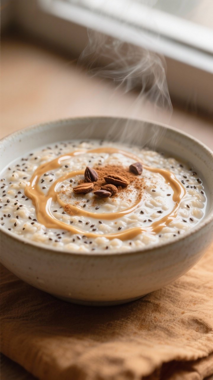 Close-up detail: A steaming bowl of vanilla chia oatmeal just off the stove, ultra-creamy and thick 