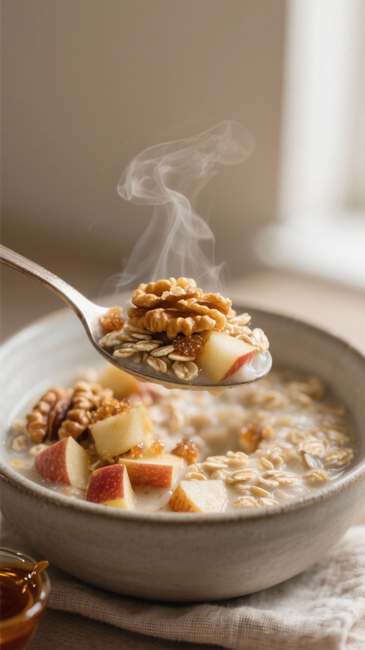 Close-up detail: A steaming spoonful of apple-studded steel-cut oats lifted from a matte ceramic bow