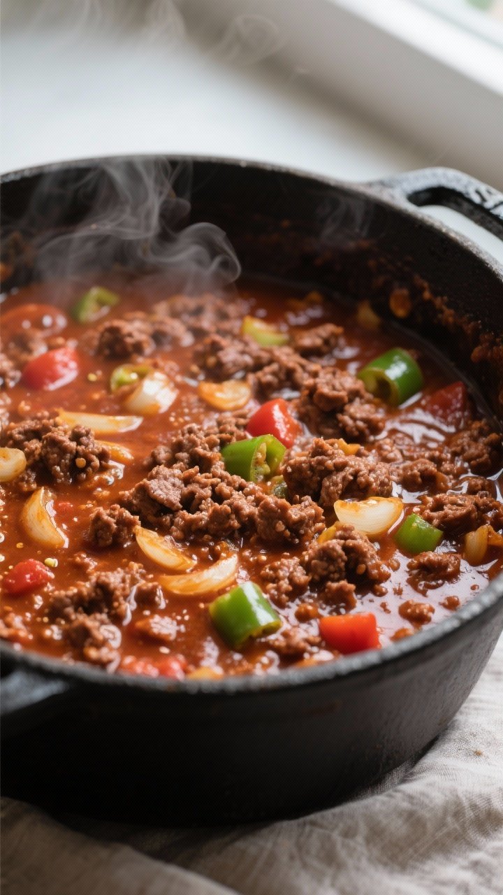 Close-up detail: A steamy Dutch oven scene showing ground beef chili mid-simmer after deglazing—th