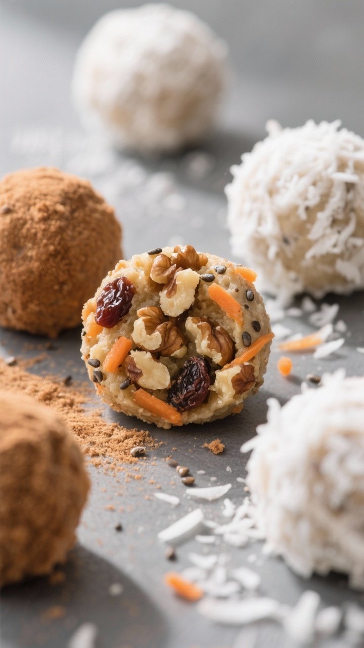 Close-up detail: A tight macro shot of freshly rolled carrot cake protein balls after chilling, show