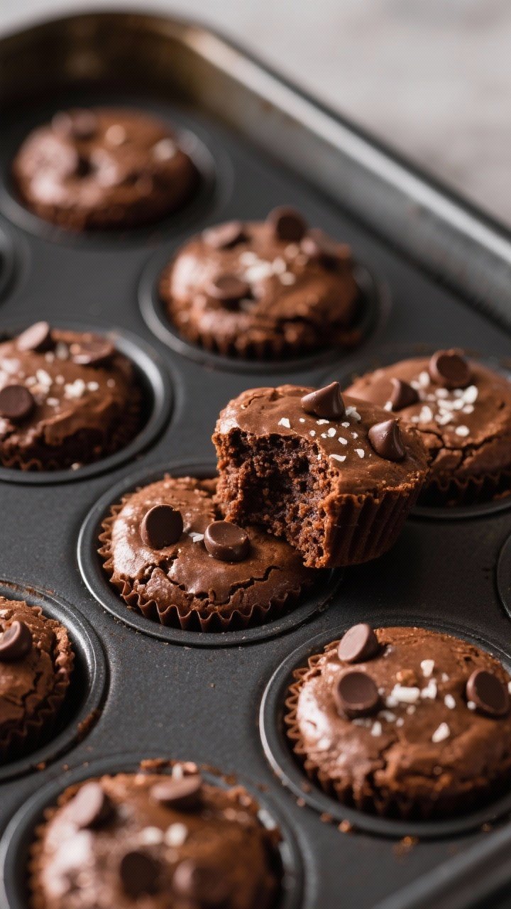 Close-up detail: A tray of freshly baked Peanut Butter Protein Brownie Bites still in a mini muffin 