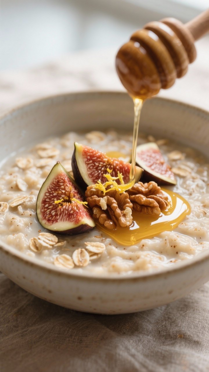 Close-up detail: A warm bowl of creamy rolled-oat oatmeal just off the stove, texture visibly glossy