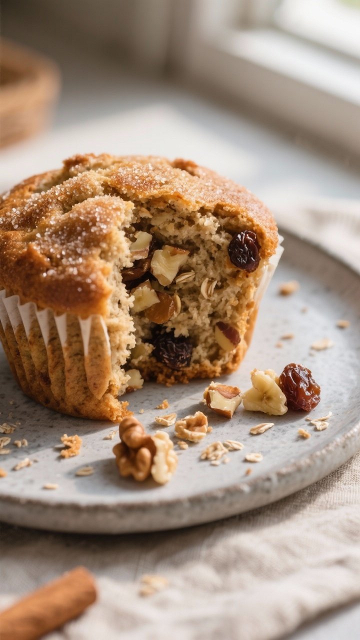 Close-up detail: A warm Spiced High Fiber Banana Bran Muffin torn open to reveal a tender, fluffy cr