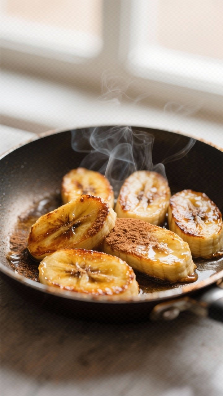 Close-up detail: Caramelized banana slices sizzling in a small skillet, golden-brown and glossy edge