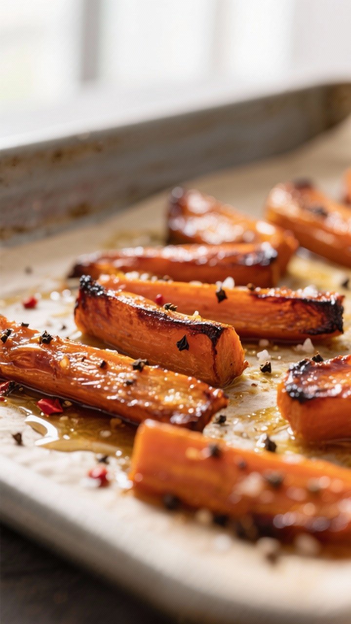 Close-up detail: Caramelized honey-roasted carrot pieces just out of the oven, edges deeply browned 