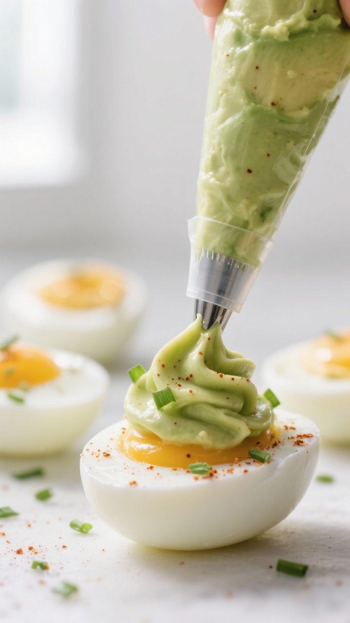 Close-up detail: Creamy avocado–egg yolk filling being piped into halved hard-boiled egg whites wi