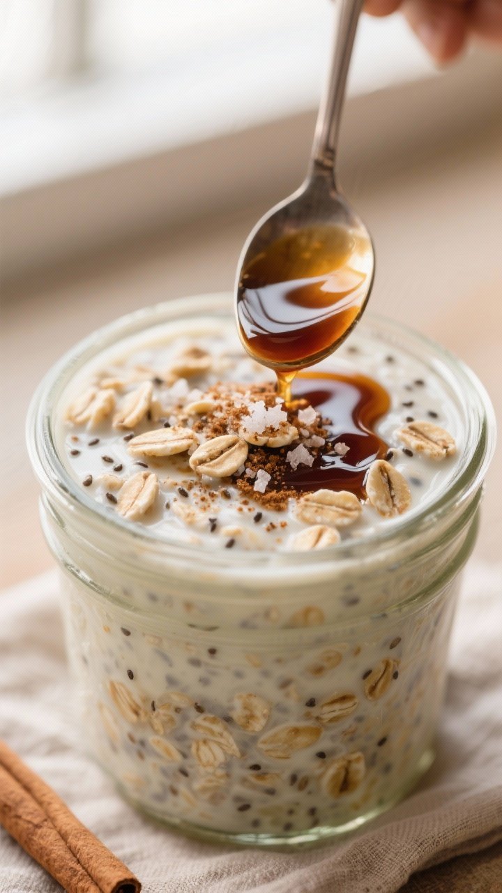 Close-up detail: Creamy maple cinnamon overnight oats just stirred in the morning, showing plump rol