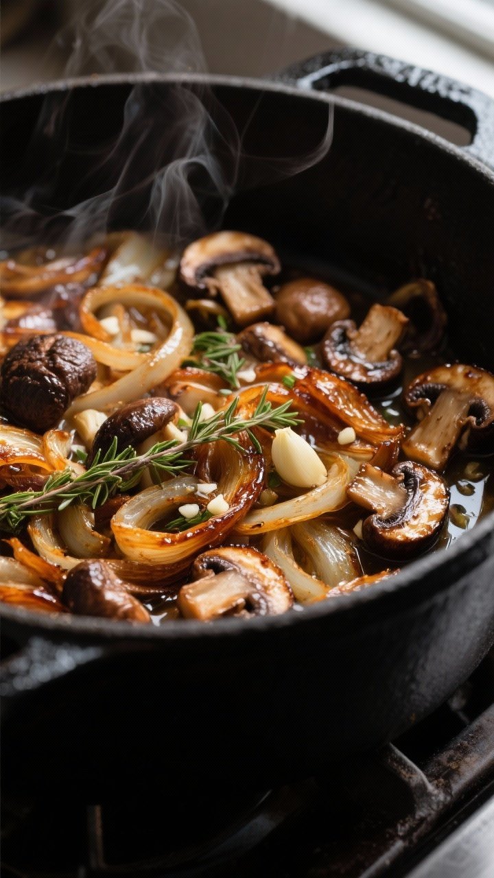 Close-up detail: Deep-amber caramelized onions tangled with seared mixed mushrooms (cremini, shiitak