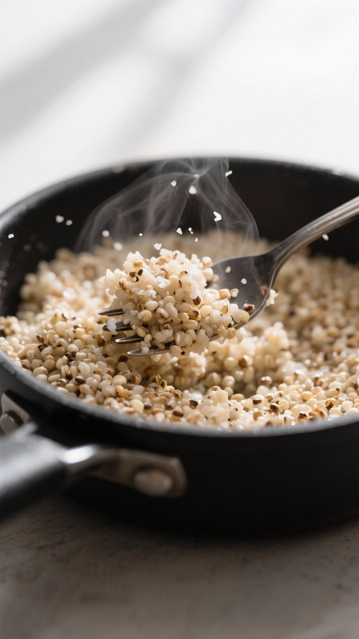 Close-up detail: Fluffy, freshly cooked quinoa being fluffed with a fork in a matte black saucepan, 