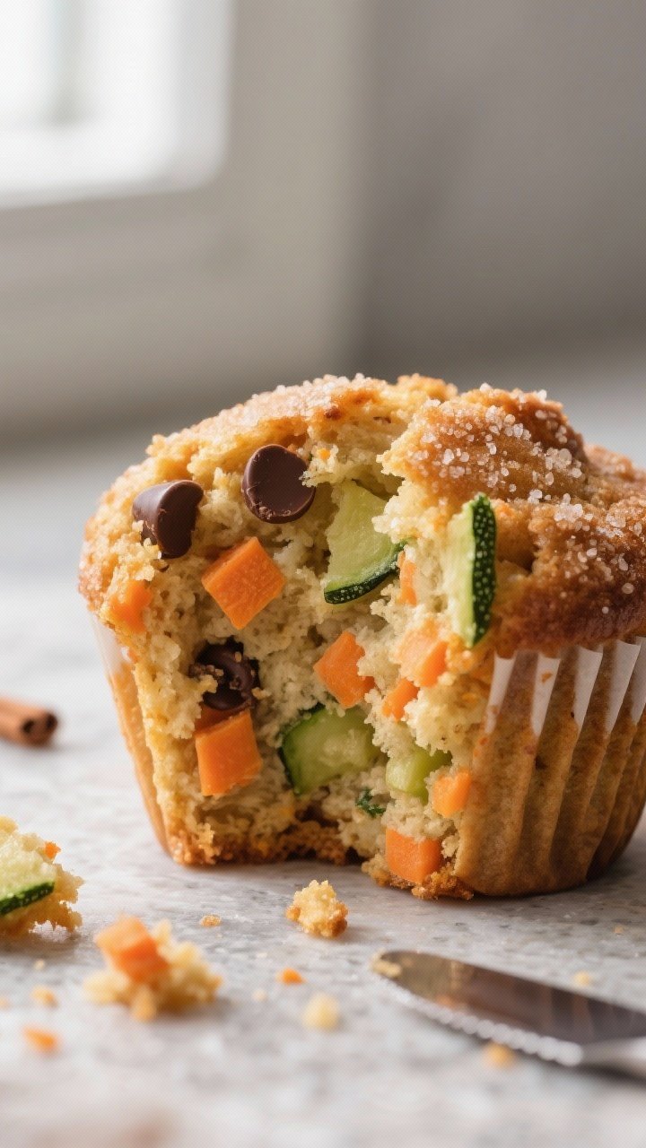 Close-up detail: Freshly baked Carrot Zucchini Morning Muffin torn open, showing a moist, tender cru