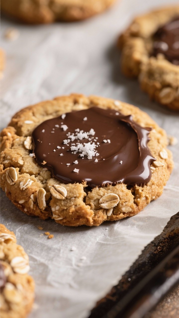 Close-up detail: Freshly baked chocolate almond butter oat cookie just out of the oven on a parchmen