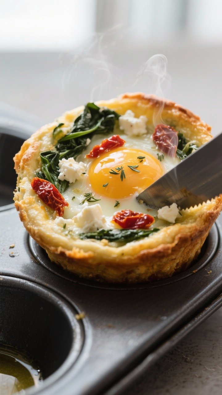 Close-up detail: Freshly baked keto egg muffin just lifted from the tin, golden edges with a slight 