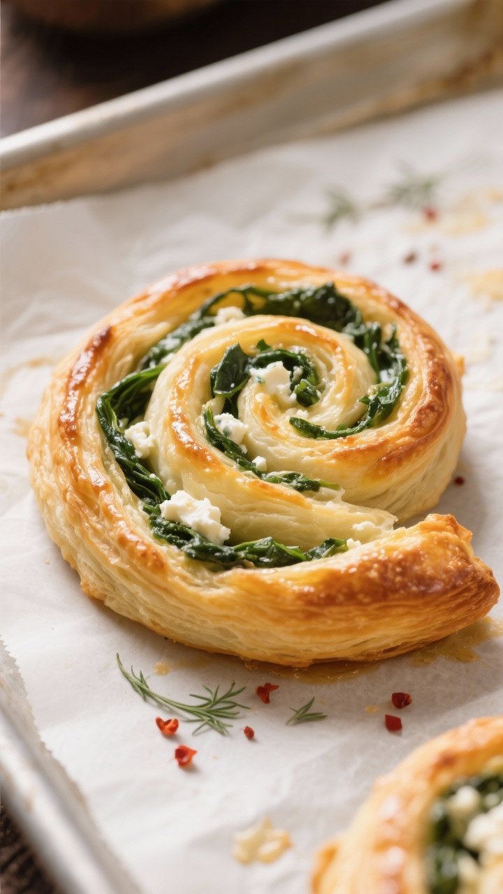 Close-up detail: Freshly baked Spinach & Feta Puff Pastry Spirals just out of the oven, deeply golde