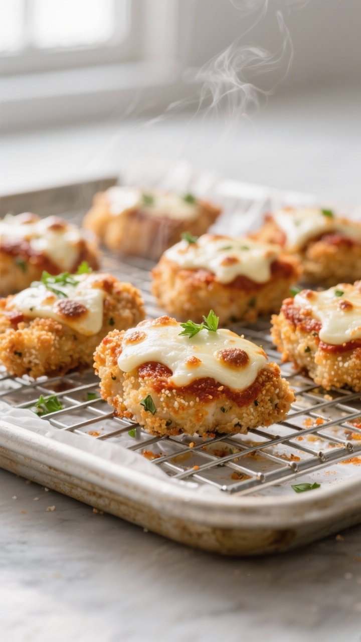 Close-up detail: Golden-brown baked Chicken Parmesan bites just out of the oven on a greased wire ra