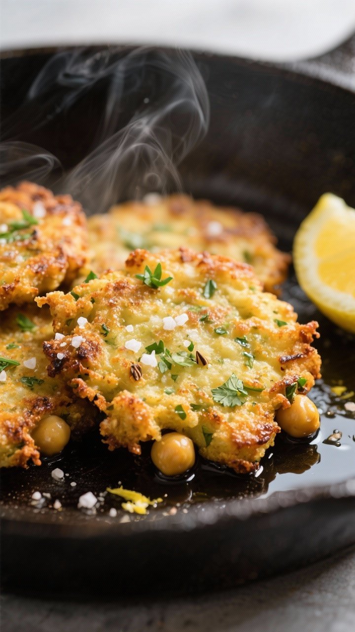 Close-up detail: Golden chickpea fritters just off the skillet, edges deeply crisp and blistered, st