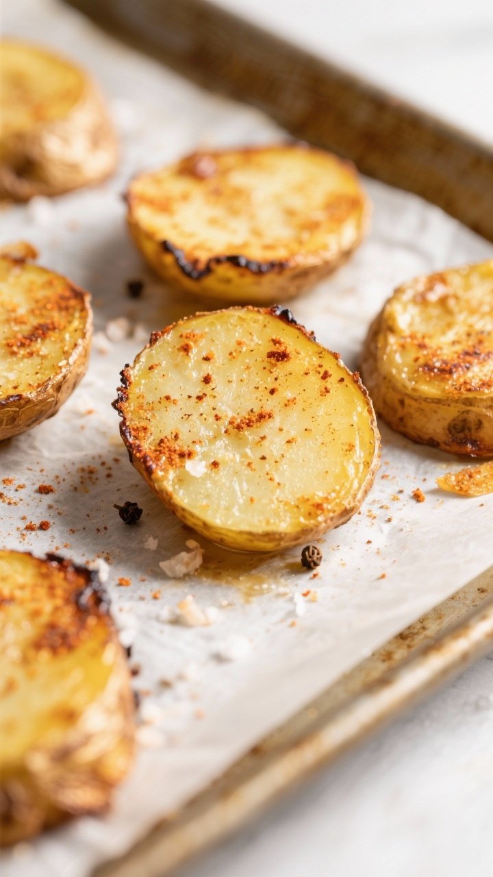 Close-up detail: Golden, oven-crisped potato rounds just after flipping on a parchment-lined sheet p