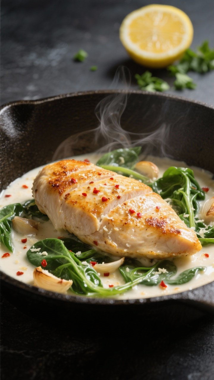Close-up detail: Golden-seared chicken breast in a skillet, glossed with a silky blended cottage che