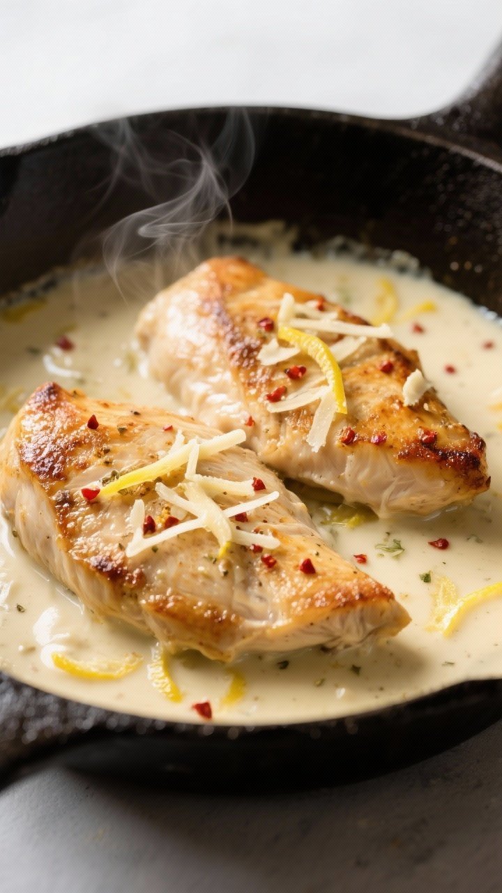 Close-up detail: Golden-seared chicken breasts nestled in a velvety garlic cream sauce mid-simmer in