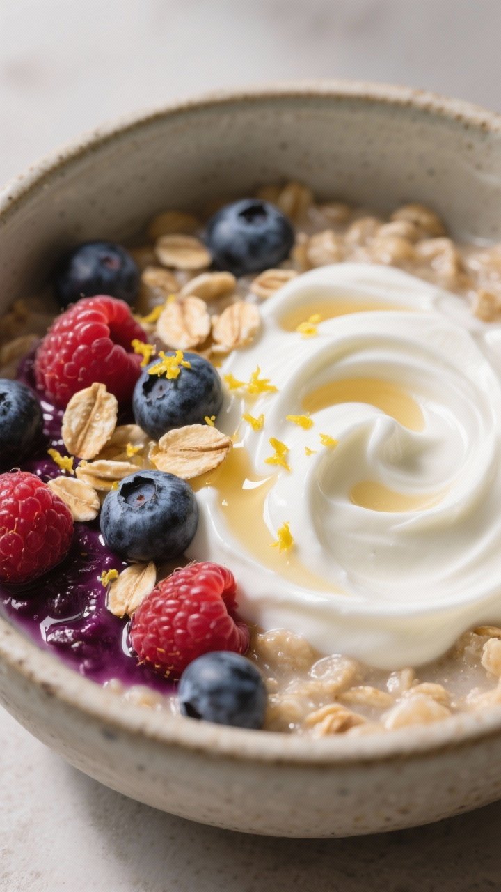 Close-up detail: Greek yogurt swirled through warm berry oatmeal in a stoneware bowl, ribbons of whi